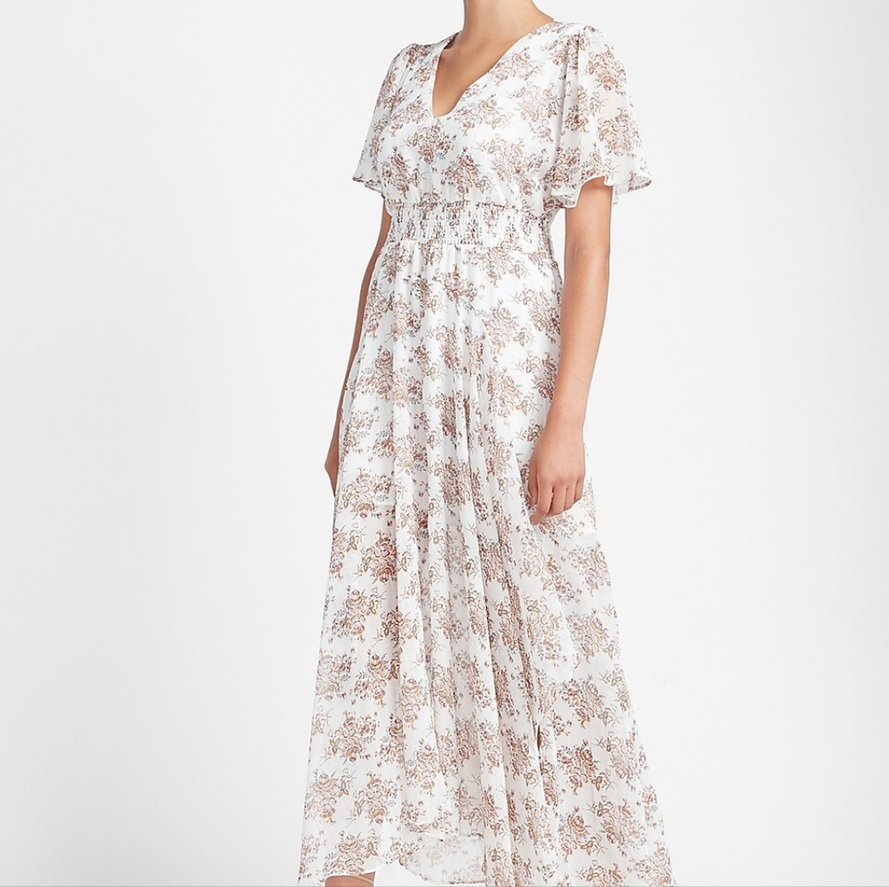 Express Metallic Floral Flutter Sleeve Midi Dress